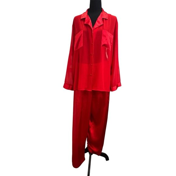 Morgan Taylor Intimates Large Red Satin Sleepwear Pajama 2 Piece Set - Picture 1 of 11